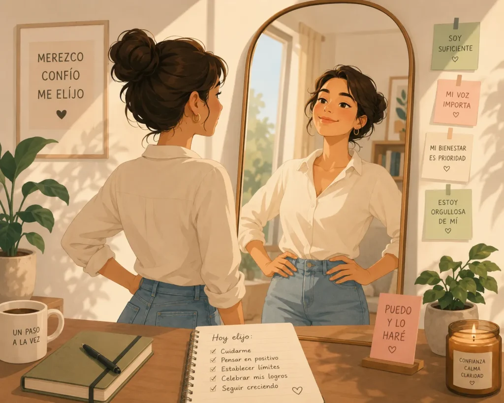 Mujer frente al espejo trabajando en su autoestima y confianza personal