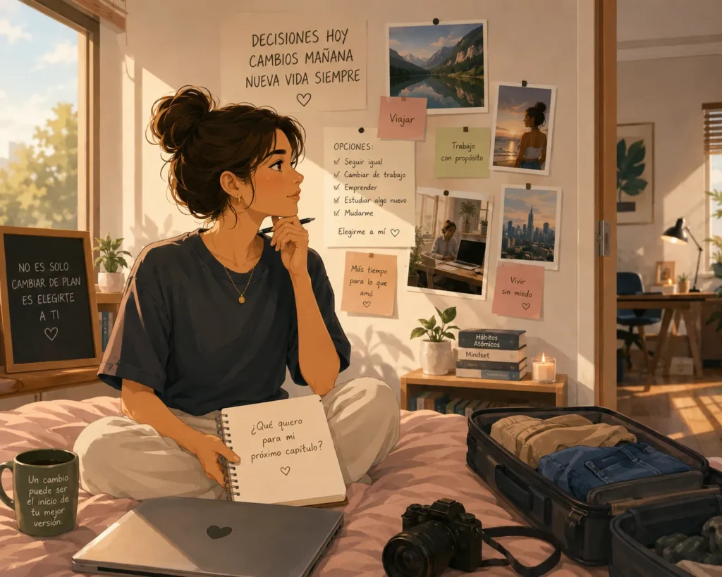 Mujer reflexionando sobre decisiones y cambios importantes en su vida