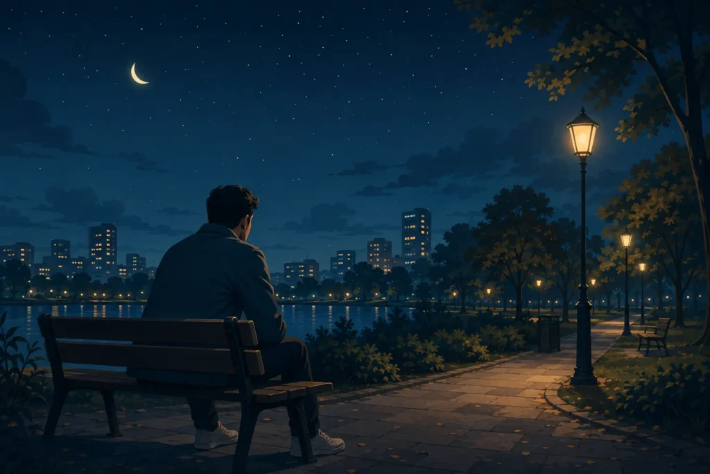 Hombre sentado solo en un parque por la noche, contemplando el paisaje bajo un cielo estrellado.