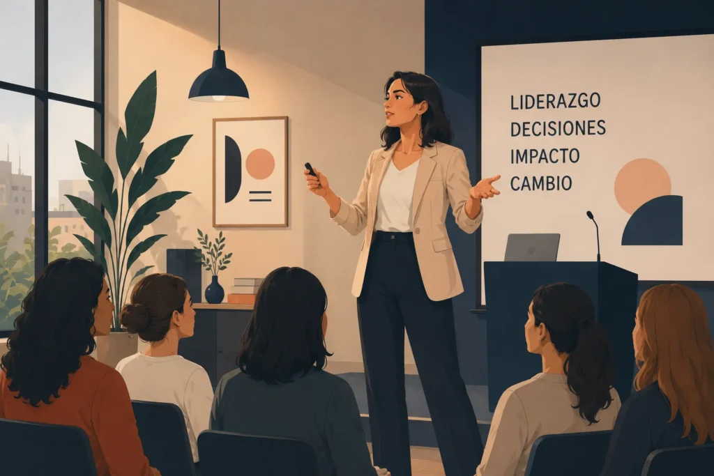 Mujer hablando con seguridad frente a una audiencia durante una presentación profesional.