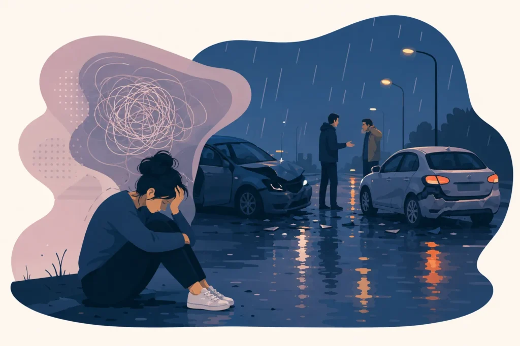 Persona después de un accidente automovilístico, una experiencia traumática que puede abordarse en terapia psicológica.