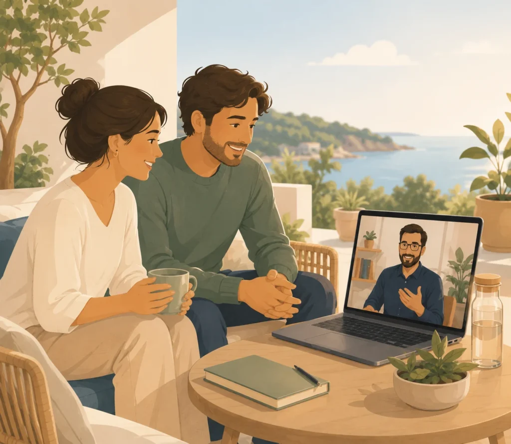 Pareja en sesión de terapia de pareja online con psicólogo