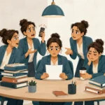 Profesional intentando concentrarse mientras distintas versiones de sí misma le presentan tareas y preocupaciones.
