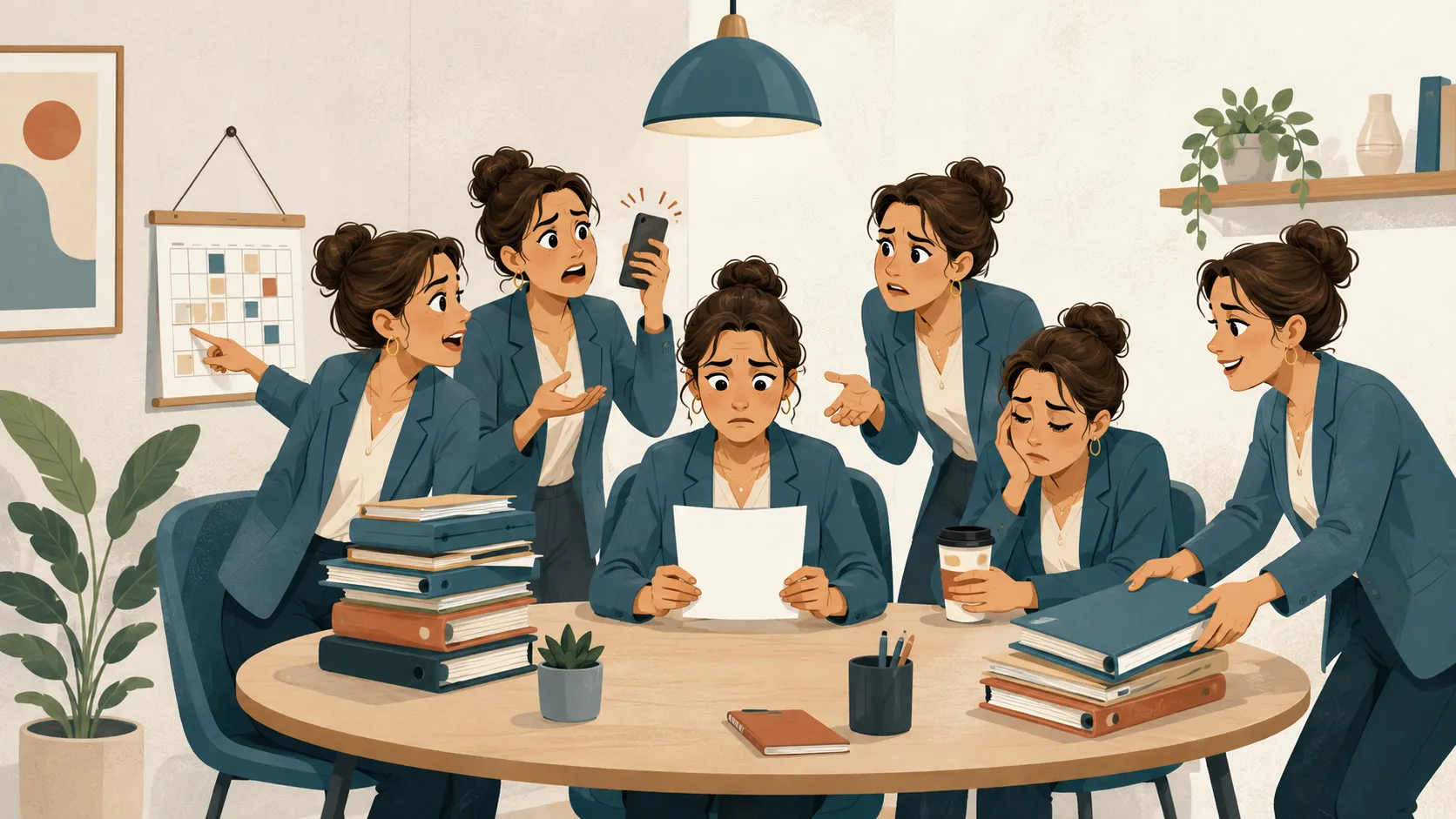 Profesional intentando concentrarse mientras distintas versiones de sí misma le presentan tareas y preocupaciones.