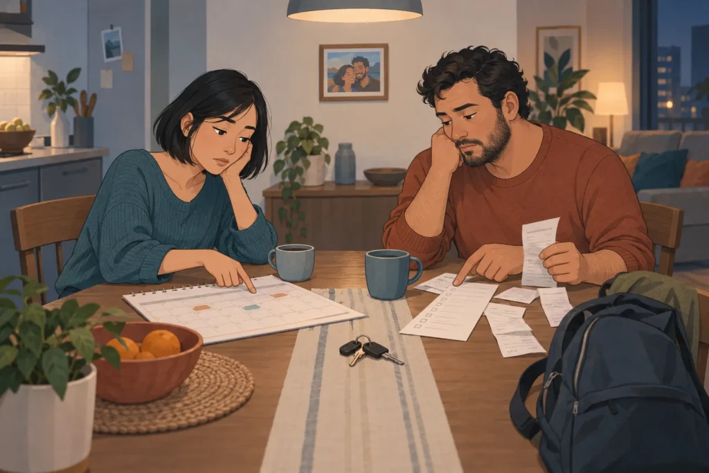 Pareja revisando cuentas y pendientes en silencio mientras una fotografía recuerda la cercanía que tenían antes.