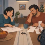 Pareja revisando cuentas y pendientes en silencio mientras una fotografía recuerda la cercanía que tenían antes.