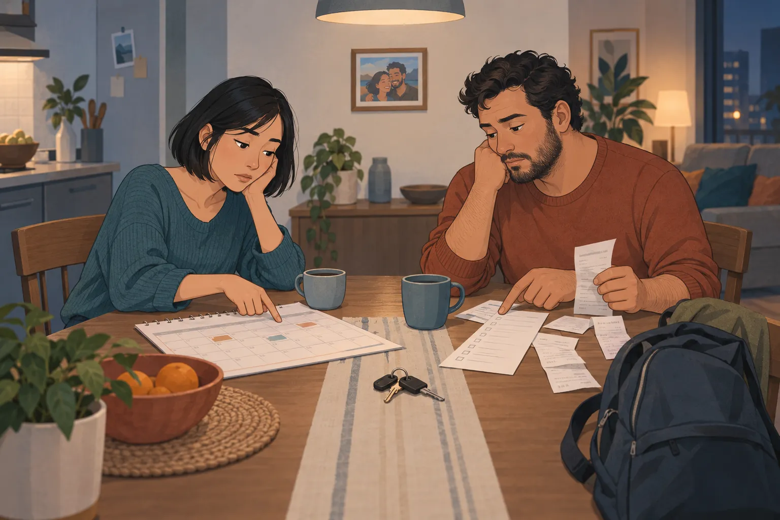 Pareja revisando cuentas y pendientes en silencio mientras una fotografía recuerda la cercanía que tenían antes.