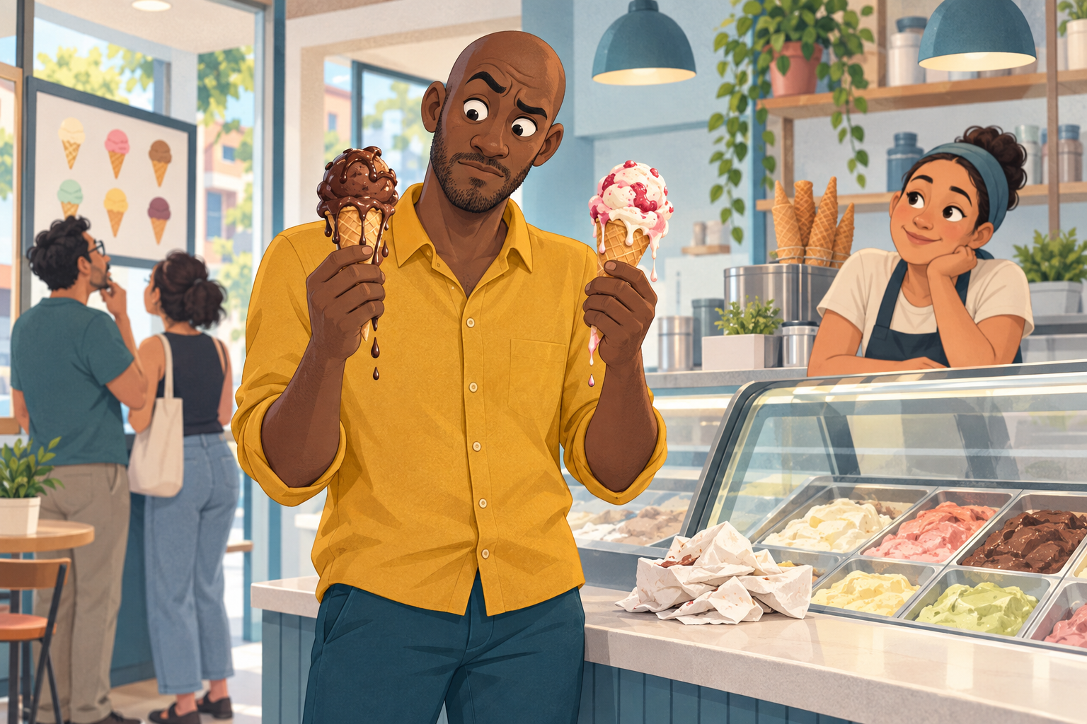 Hombre afrolatino intenta elegir entre dos conos de helado que comienzan a derretirse en sus manos.