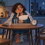 Mujer despierta de madrugada en la cocina, abrazando una almohada mientras el reloj marca alrededor de las tres.