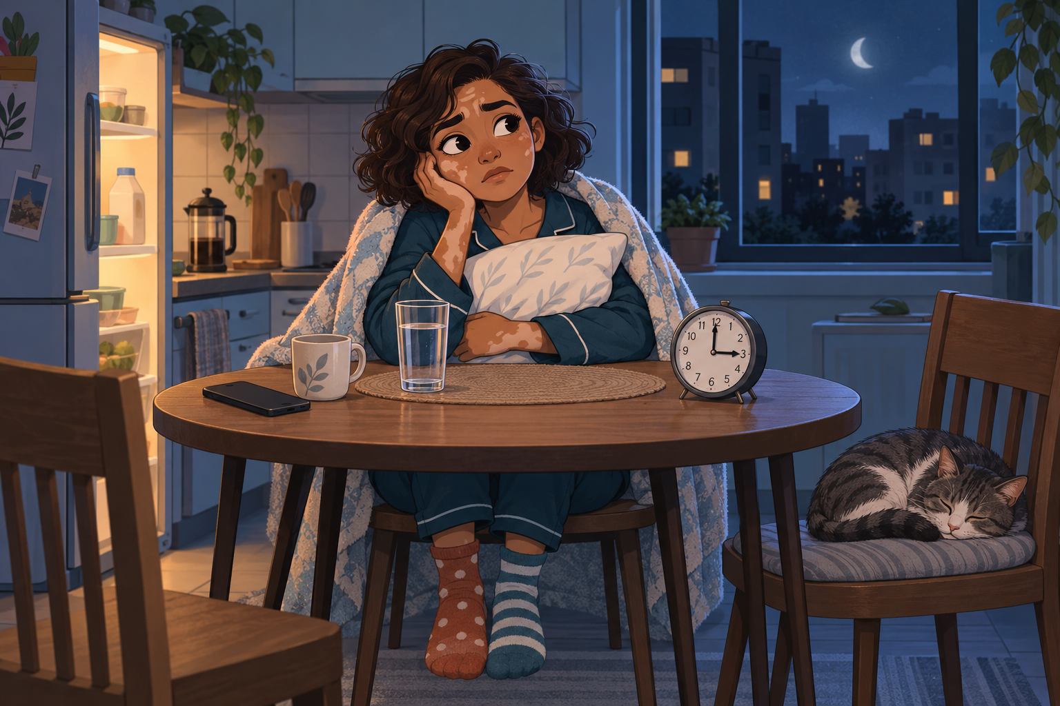 Mujer despierta de madrugada en la cocina, abrazando una almohada mientras el reloj marca alrededor de las tres.