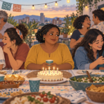 Mujer afrolatina frente a su pastel de cumpleaños mientras las personas que la rodean conversan entre ellas sin mirarla.