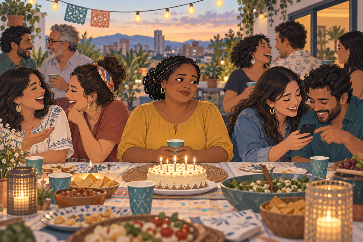 Mujer afrolatina frente a su pastel de cumpleaños mientras las personas que la rodean conversan entre ellas sin mirarla.