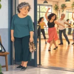 Mujer adulta permanece en la entrada de una clase de baile sosteniendo sus zapatos, sin lograr incorporarse a la actividad.