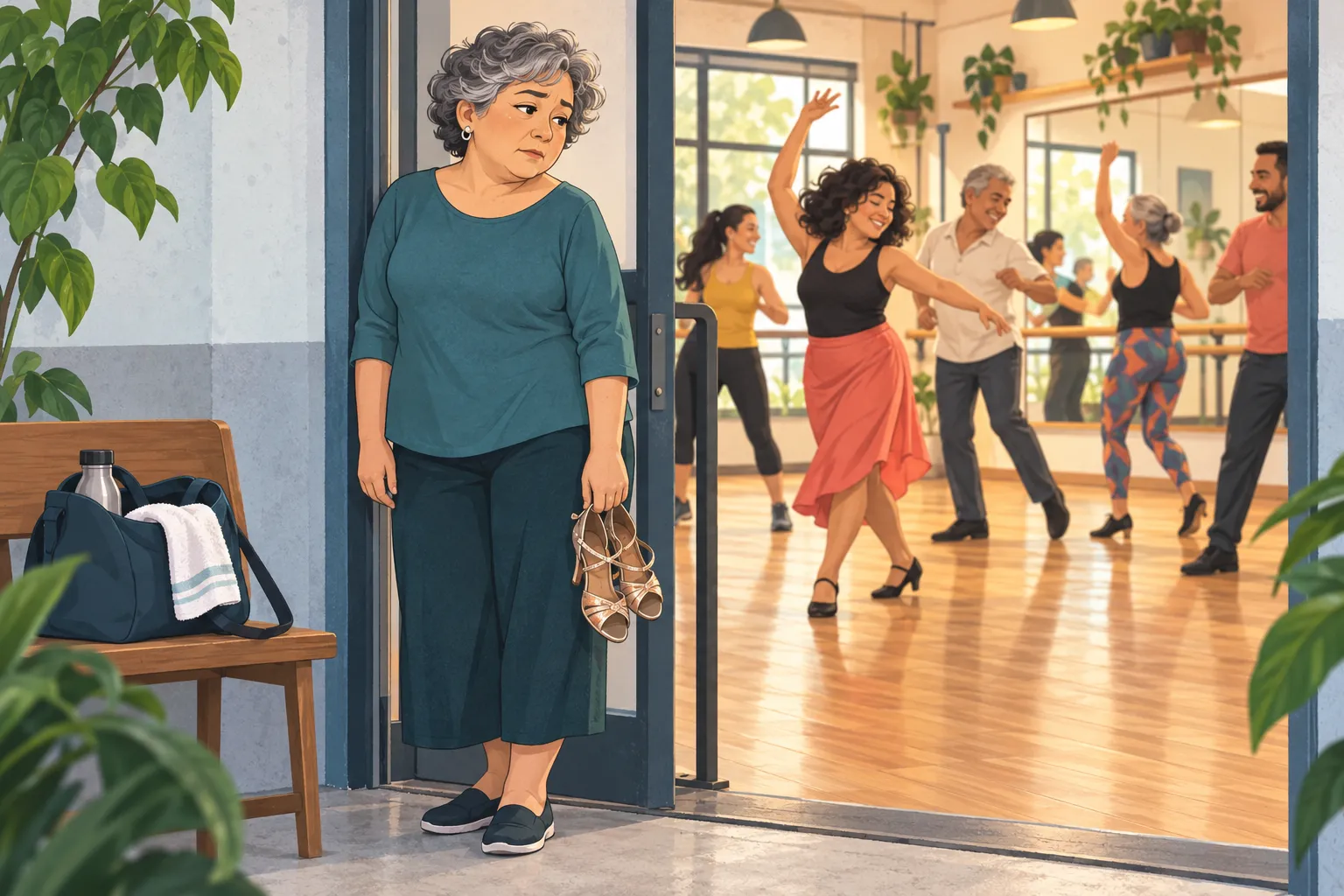 Mujer adulta permanece en la entrada de una clase de baile sosteniendo sus zapatos, sin lograr incorporarse a la actividad.