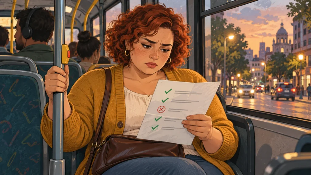 Mujer en un autobús mira una evaluación con varias marcas positivas y una sola corrección, en la que concentra toda su atención.