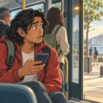 Hombre joven descubre que perdió su parada del autobús después de permanecer distraído mirando el celular.
