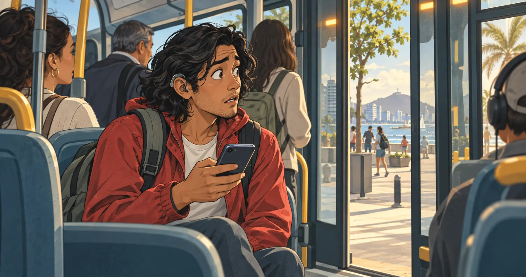Hombre joven descubre que perdió su parada del autobús después de permanecer distraído mirando el celular.