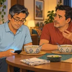 Hombre con gafas revisa el teléfono durante la cena mientras su pareja intenta contarle algo.