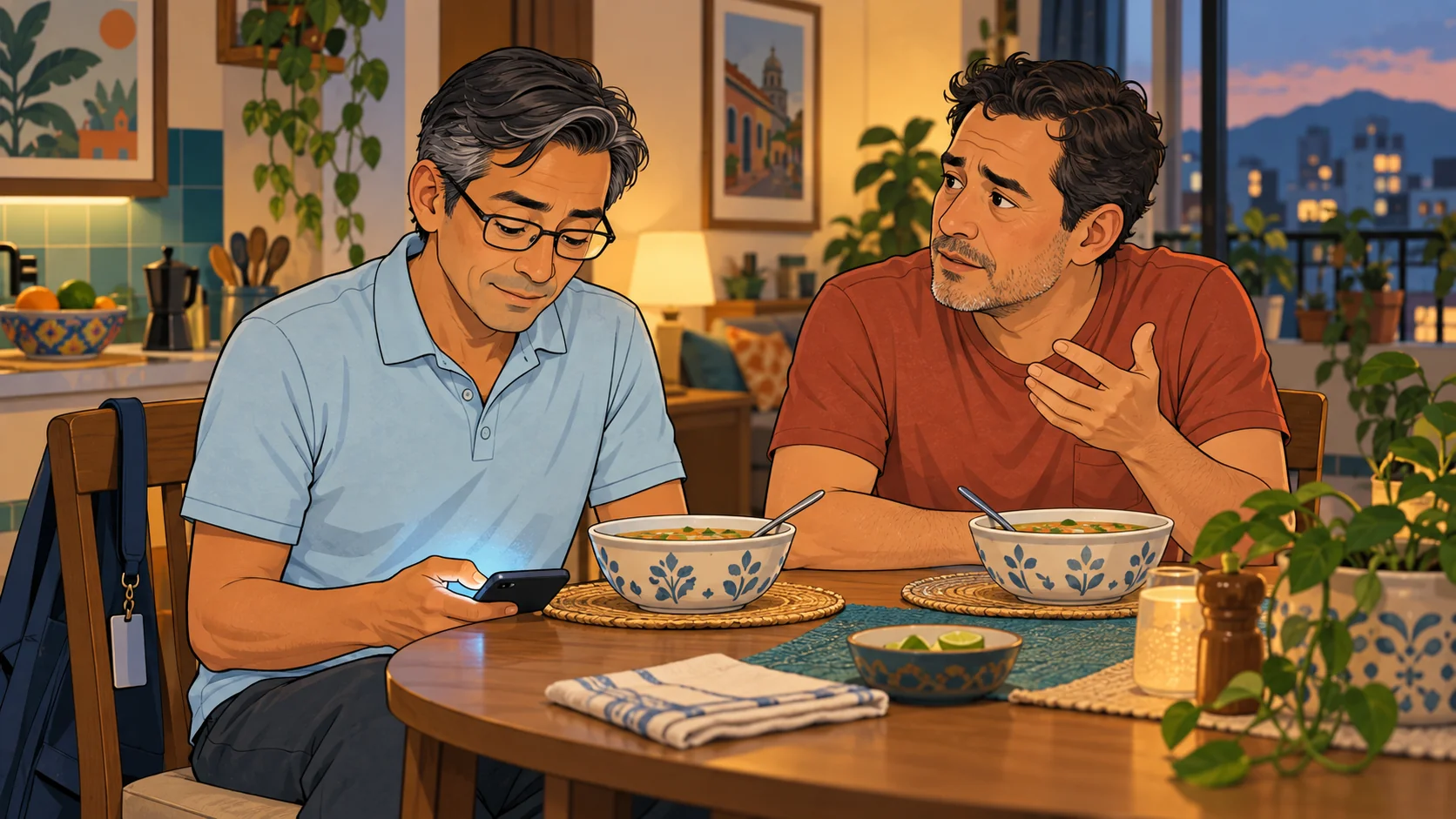 Hombre con gafas revisa el teléfono durante la cena mientras su pareja intenta contarle algo.