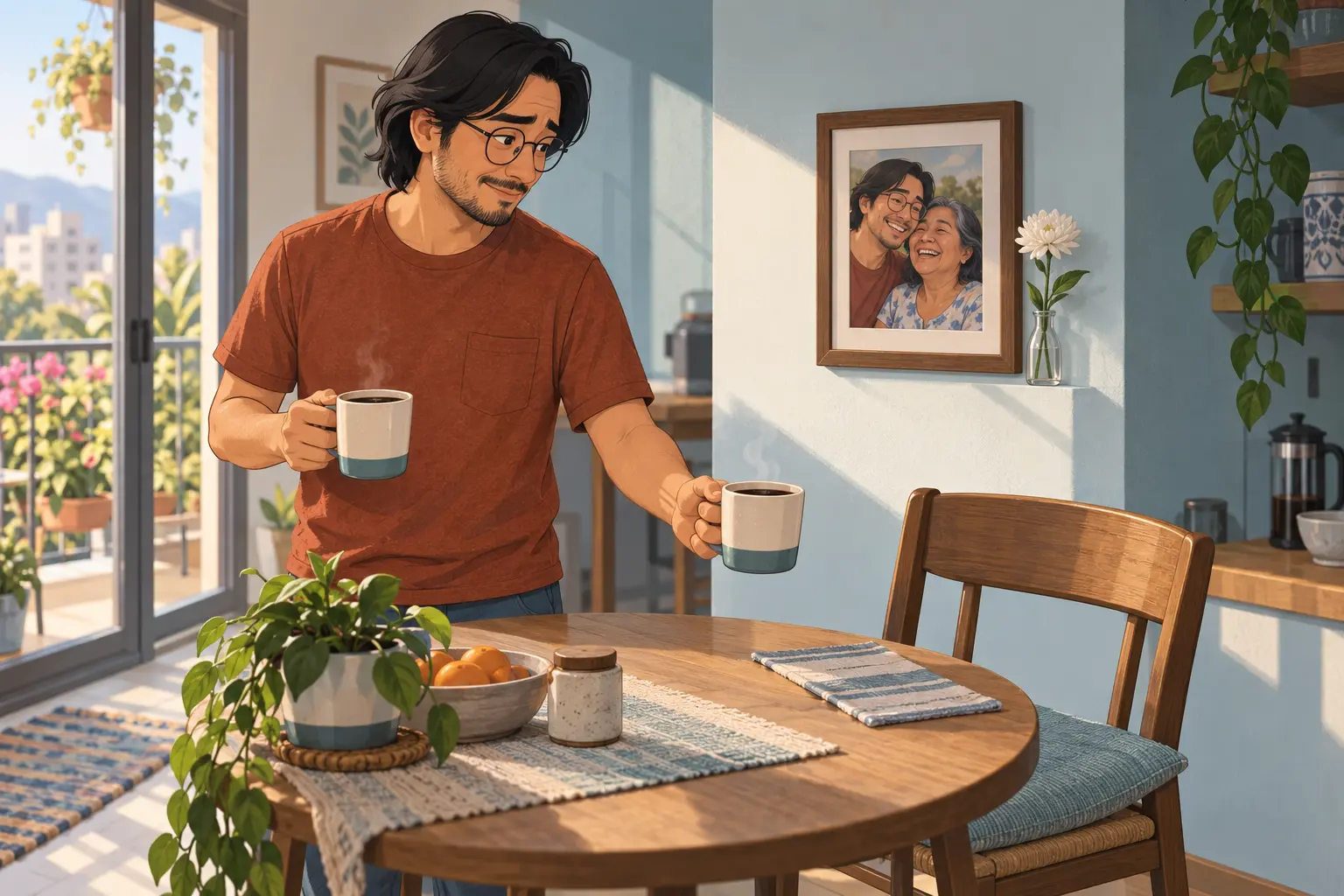 Hombre asiático-latino sostiene dos tazas de café y ofrece una hacia una silla vacía junto a la fotografía de su madre fallecida.