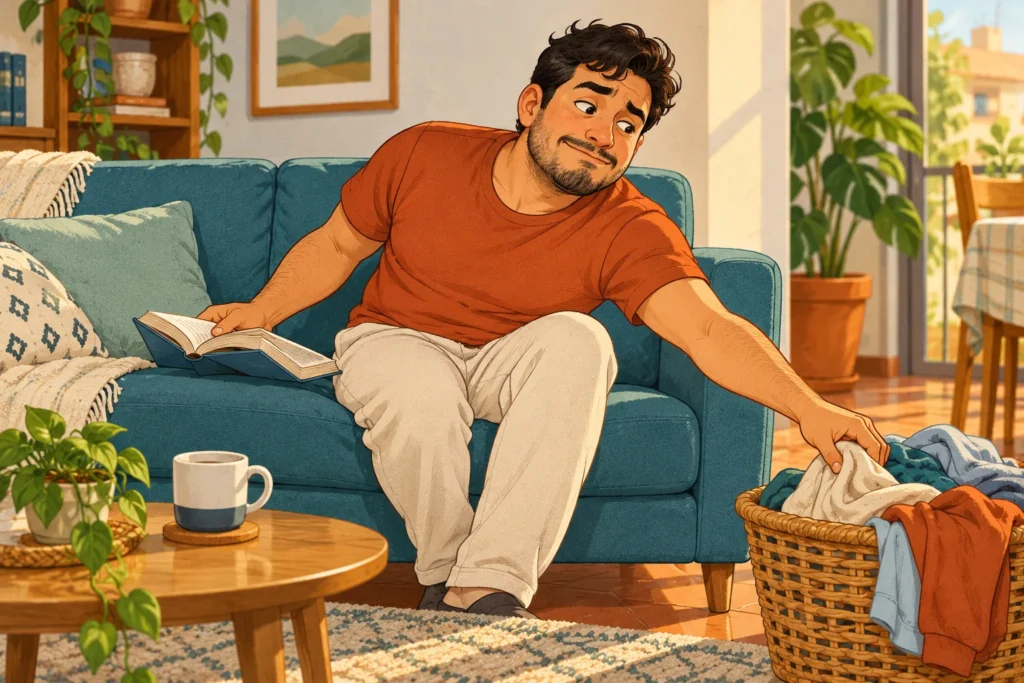 Hombre en un sillón deja un libro abierto y alcanza un cesto de ropa limpia que está por doblar.