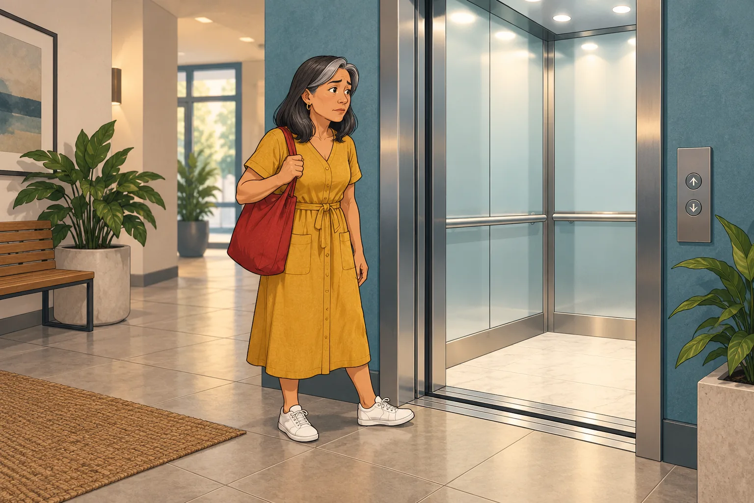Mujer con vestido mostaza y bolsa roja se detiene con preocupación frente a un elevador abierto.