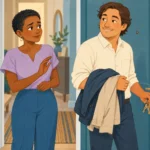 Mujer levanta la mano con gesto de duda mientras su pareja sostiene las chaquetas y las llaves junto a la puerta.