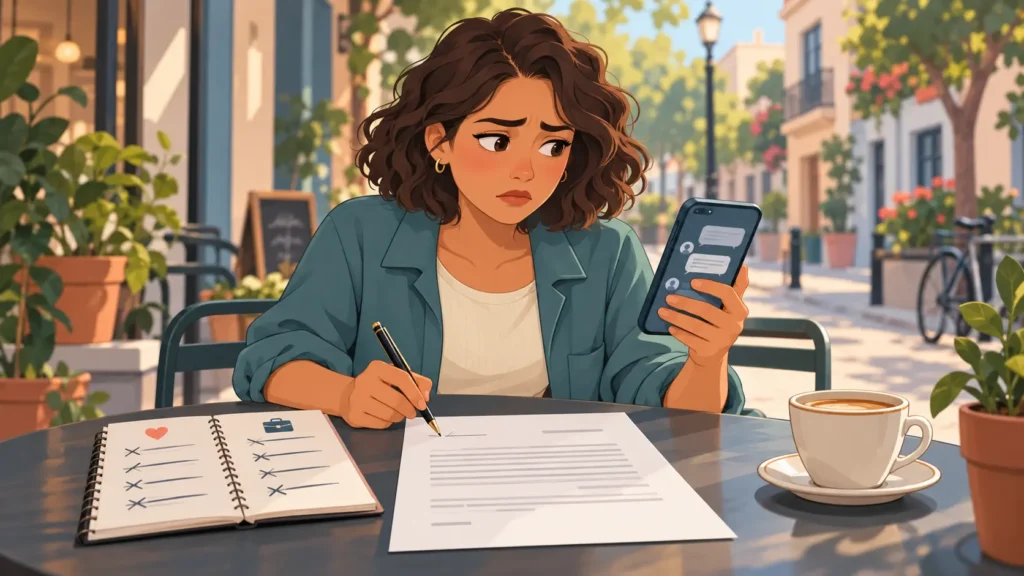 Joven profesional consulta su teléfono mientras duda ante una oferta laboral sin firmar en una cafetería.