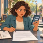 Joven profesional consulta su teléfono mientras duda ante una oferta laboral sin firmar en una cafetería.