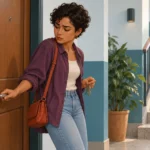 Mujer joven con las llaves en la mano vuelve a comprobar la manija de su departamento antes de bajar las escaleras.