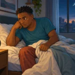 Hombre afrodescendiente despierto en la cama durante la madrugada mientras mira el reloj y sostiene la cobija con tensión.