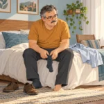 Hombre sentado al borde de la cama sostiene un calcetín mientras hace una pausa al vestirse.