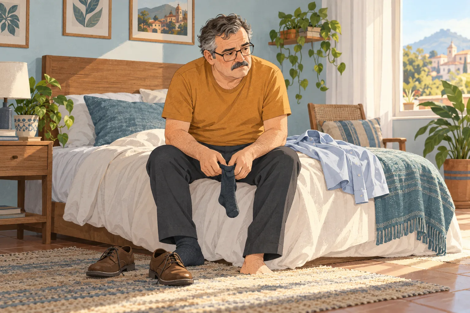 Hombre sentado al borde de la cama sostiene un calcetín mientras hace una pausa al vestirse.