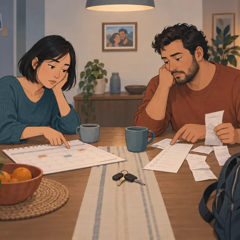 Pareja revisando cuentas y pendientes en silencio mientras una fotografía recuerda la cercanía que tenían antes.
