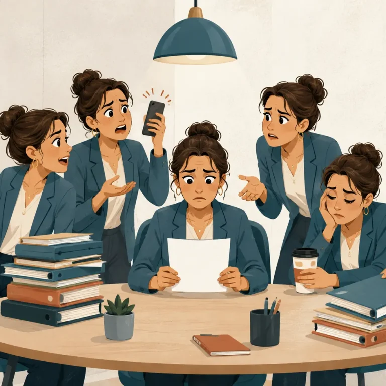 Profesional intentando concentrarse mientras distintas versiones de sí misma le presentan tareas y preocupaciones.