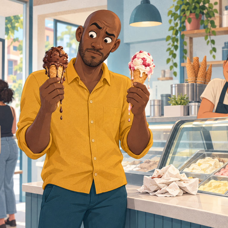 Hombre afrolatino intenta elegir entre dos conos de helado que comienzan a derretirse en sus manos.