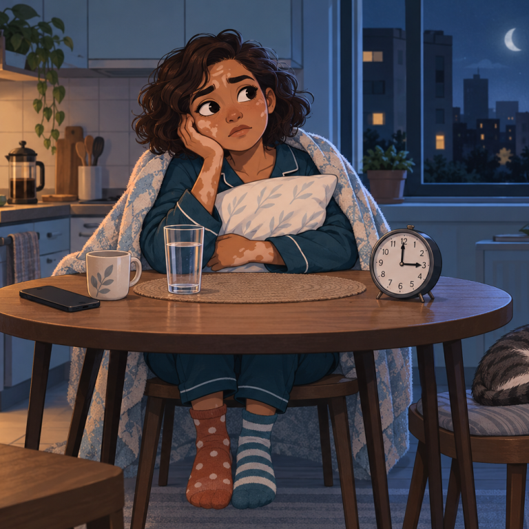 Mujer despierta de madrugada en la cocina, abrazando una almohada mientras el reloj marca alrededor de las tres.