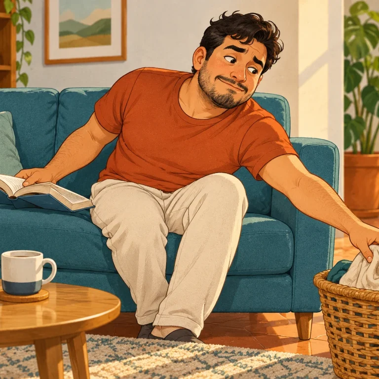Hombre en un sillón deja un libro abierto y alcanza un cesto de ropa limpia que está por doblar.