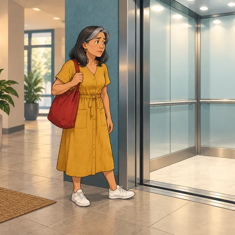 Mujer con vestido mostaza y bolsa roja se detiene con preocupación frente a un elevador abierto.