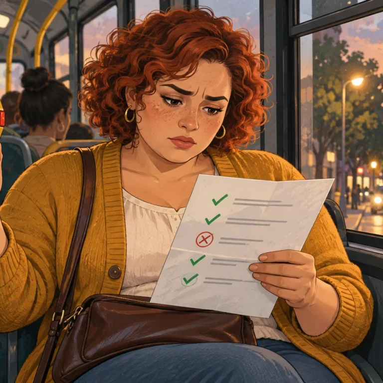 Mujer en un autobús mira una evaluación con varias marcas positivas y una sola corrección, en la que concentra toda su atención.