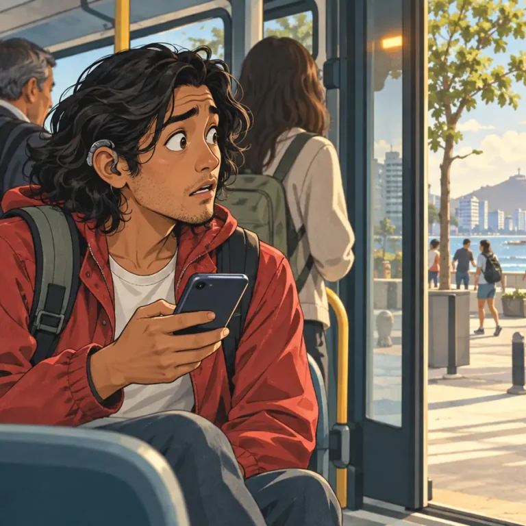 Hombre joven descubre que perdió su parada del autobús después de permanecer distraído mirando el celular.