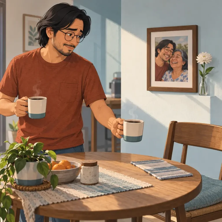Hombre asiático-latino sostiene dos tazas de café y ofrece una hacia una silla vacía junto a la fotografía de su madre fallecida.